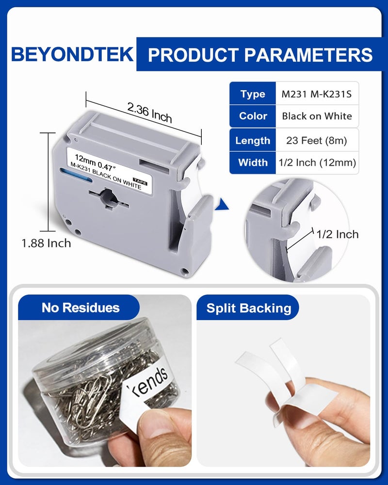 BEYONDTEK M-231 Work for Brother M-k231 Label Tape White Replace with Brother M-k231s Tape 12mm 0.47 White Non-Laminated 0.47" x 26.2' (12mm x 8M) P Touch Label Maker for PT-M95 PT-65 PT-70BM PTM95 PT-90 PT-85 - Image 2